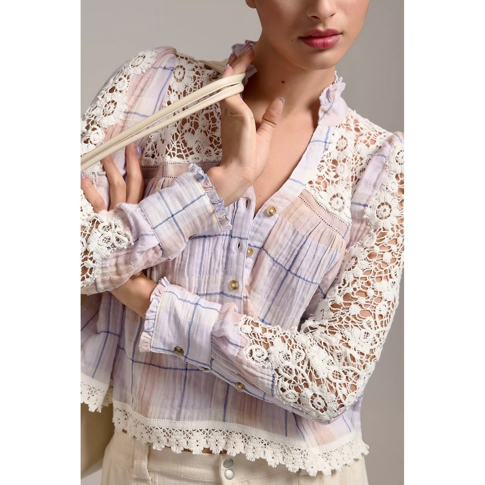 Anthropologie Pilcro Lace-Trimmed Blouse Small Plaid Long-Sleeve Purple